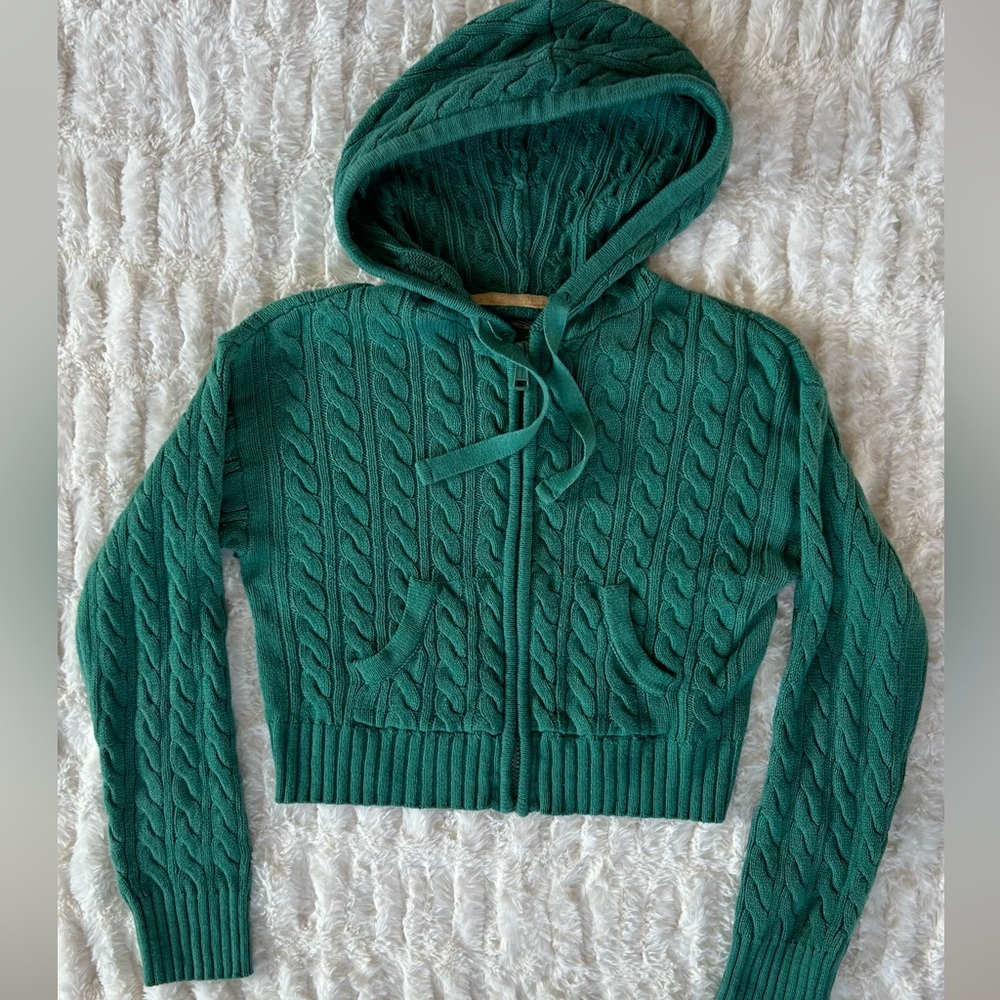 Y2K Vintage American Eagle Teal Cable Knit Zip Up Cardigan